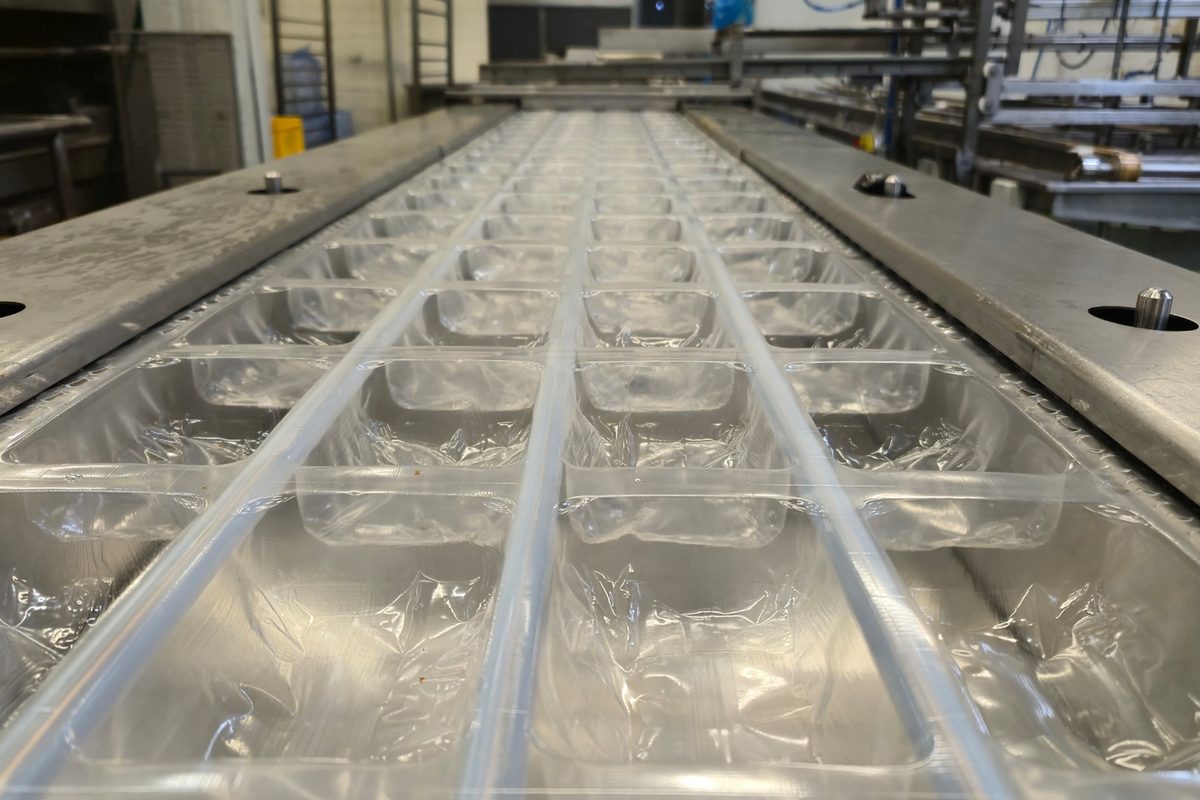 Thermoformed trays moving through a packaging line